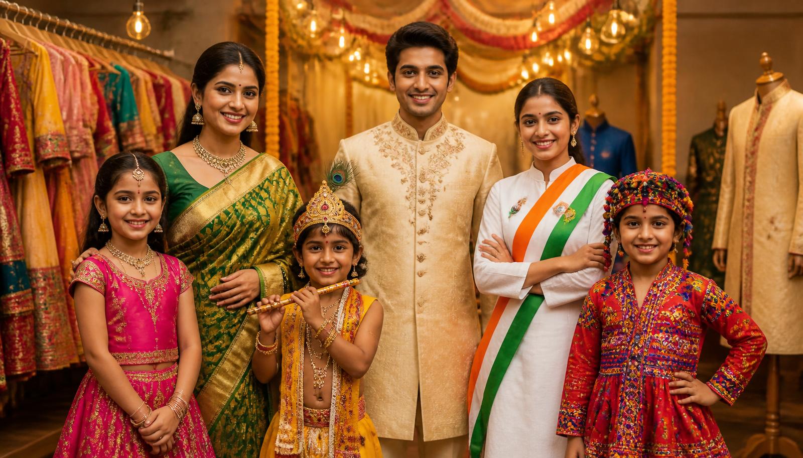 Indian families and kids wearing colourful rented costumes including sarees, sherwanis, lehengas, Krishna and patriotic looks